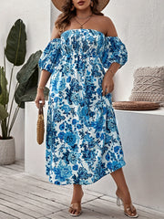 Plus Floral Print Strapless Maxi Summer Dress With Arm Sleeves