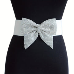 Rhinestone Bow Wide Belt Elastic Waistband Dress Girdle For Women