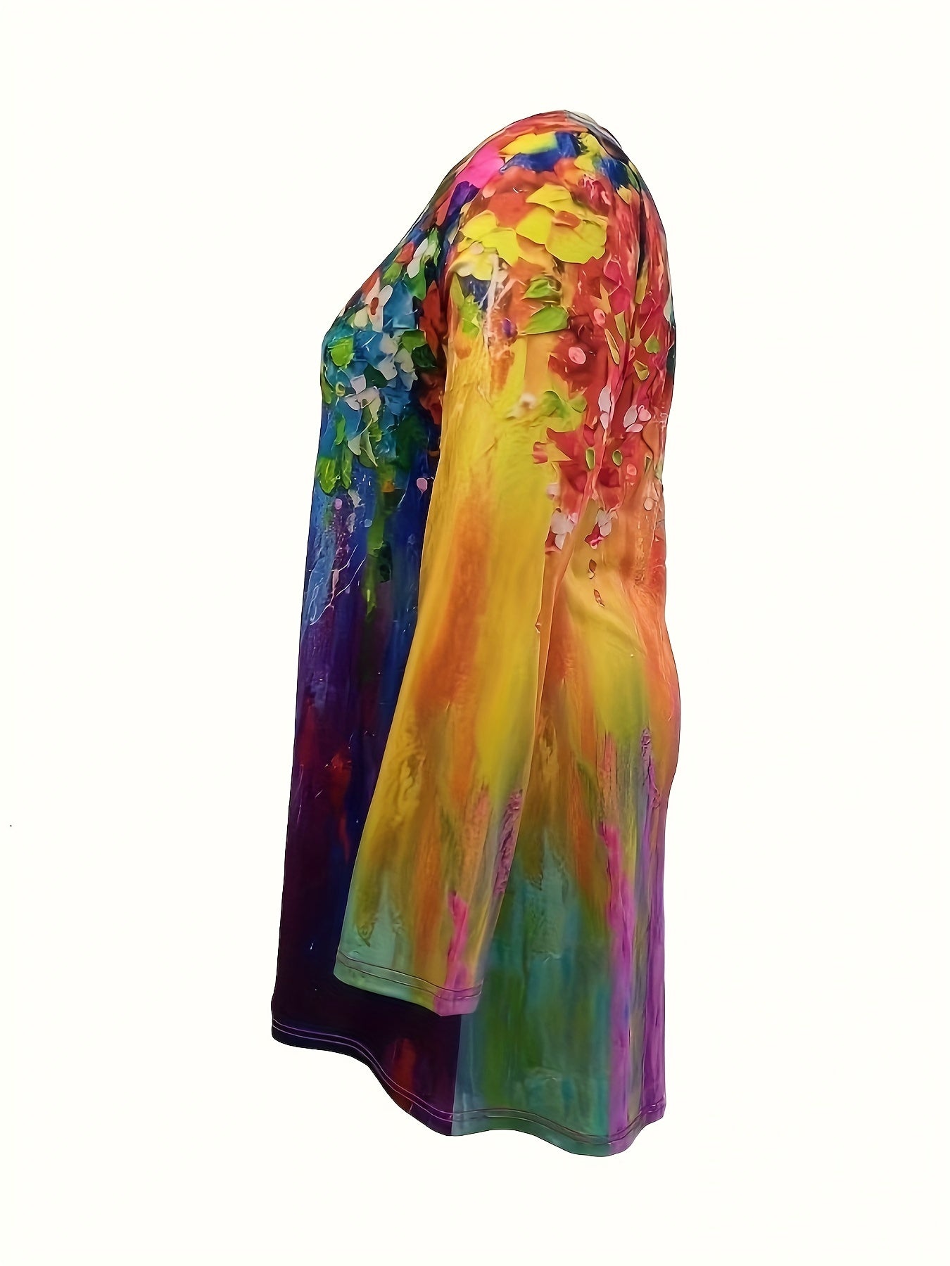  Floral Painting Print Long Sleeve Tee Dress