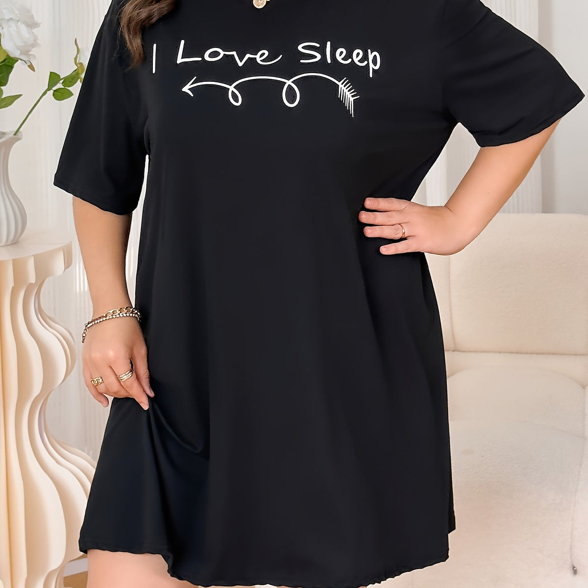  Letter Graphic Nightdress Short Sleeve Sleep Dress