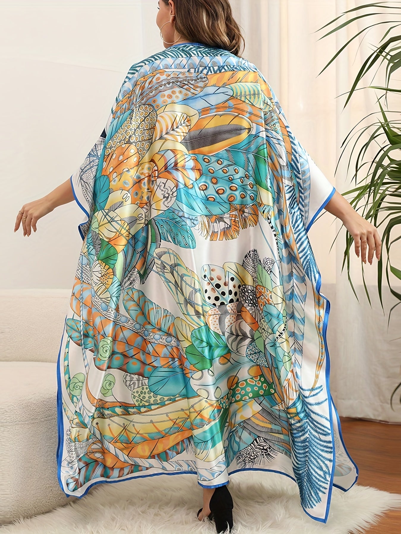  Boho Cover Up Feather Print Bat Sleeve Loose Split Beach