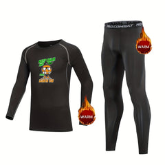 Kids Fleece Lined Compression Base Set Keep Calm Long Sleeve Tops Leggings Pants
