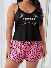  Cat & Letter Print Cami Top & Bow Shorts Pajama Set
