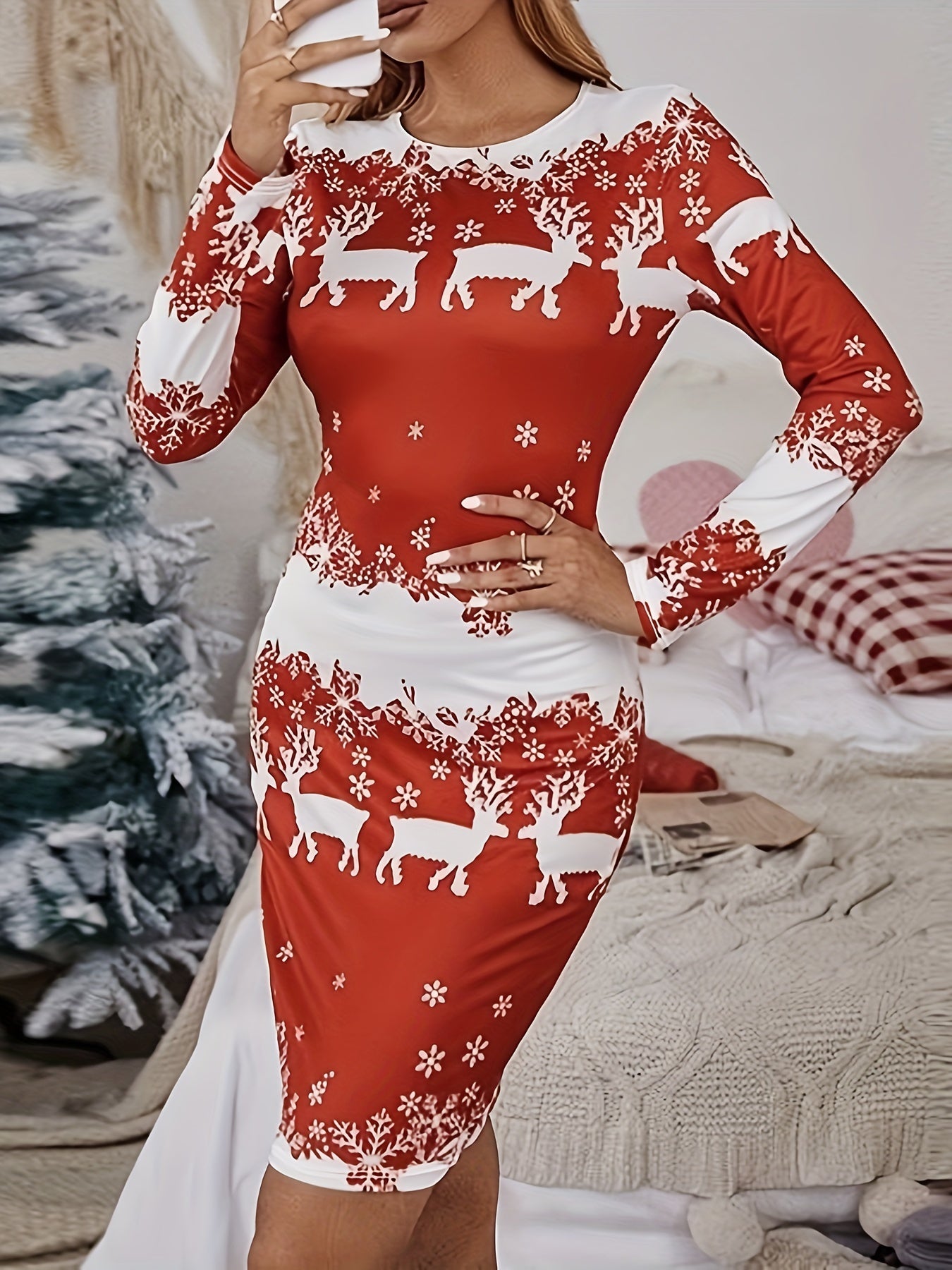 Women's Plus Christmas Tree Print Bodycon Midi Dress