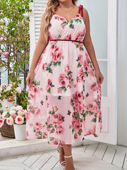  Rose Print Knot Strap Maxi Dress Women's Plus Romantic Long Dress