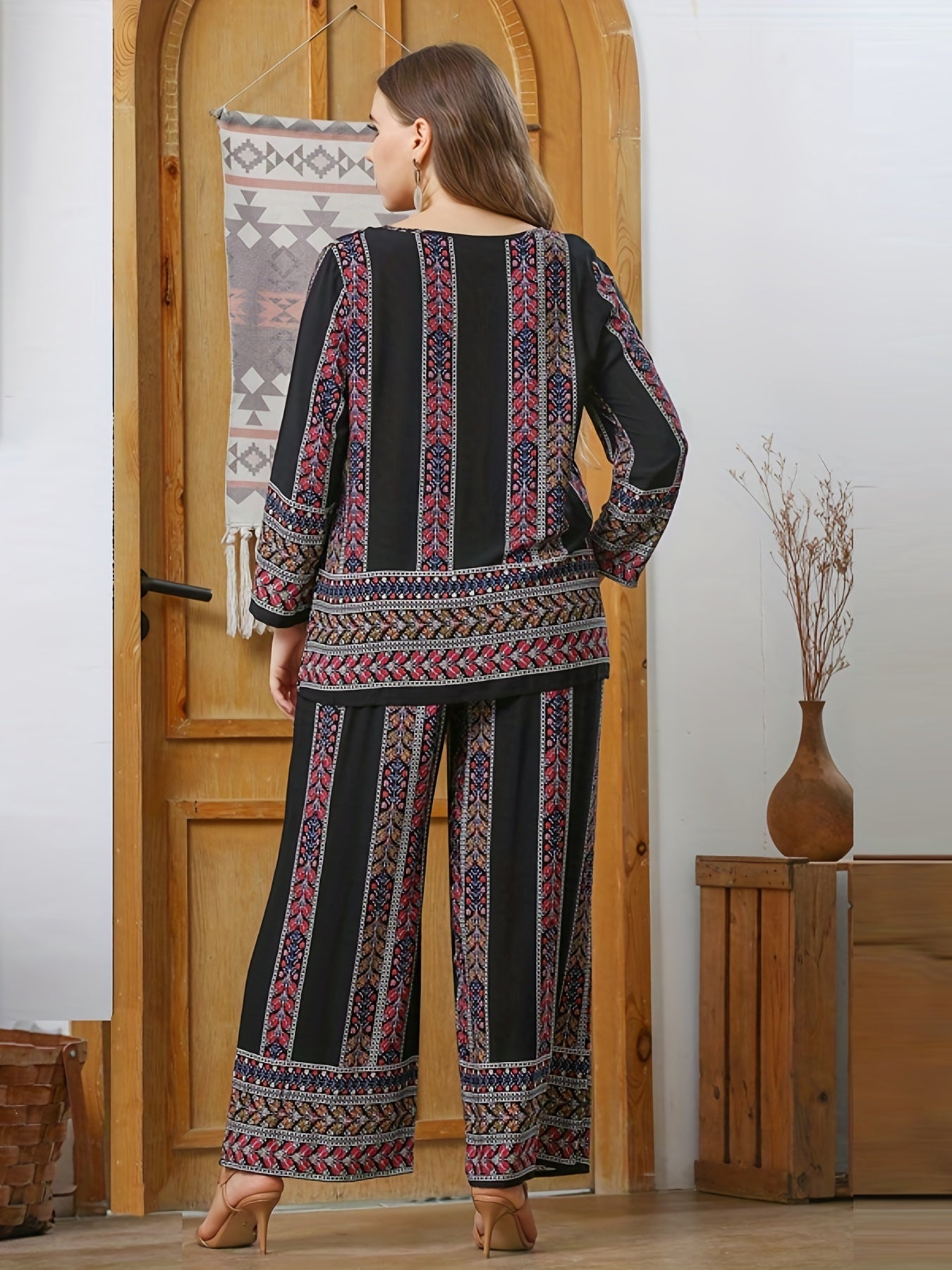  2 Piece Set Women's Plus Random Print Long Sleeve Top & Pants Outfits
