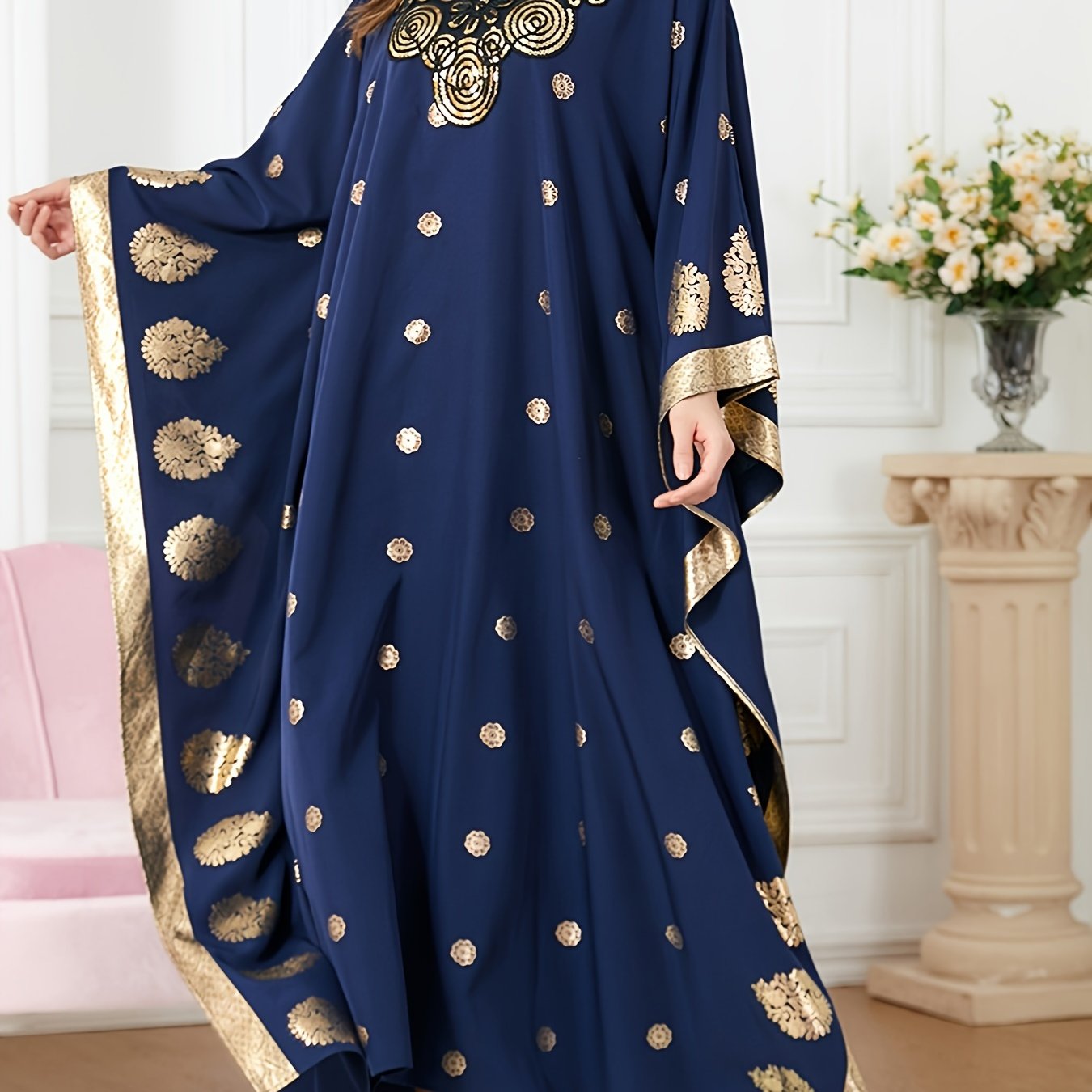  Golden Tribal Print Kaftan Dress V Neck
