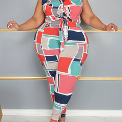  Geometric Print Button Up Tank Top & Leggings Set