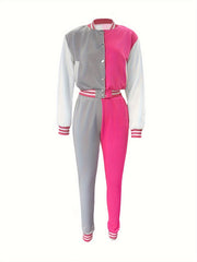  Colorblock Button Up Mock Neck Crop Coat & Jogger Pants Set
