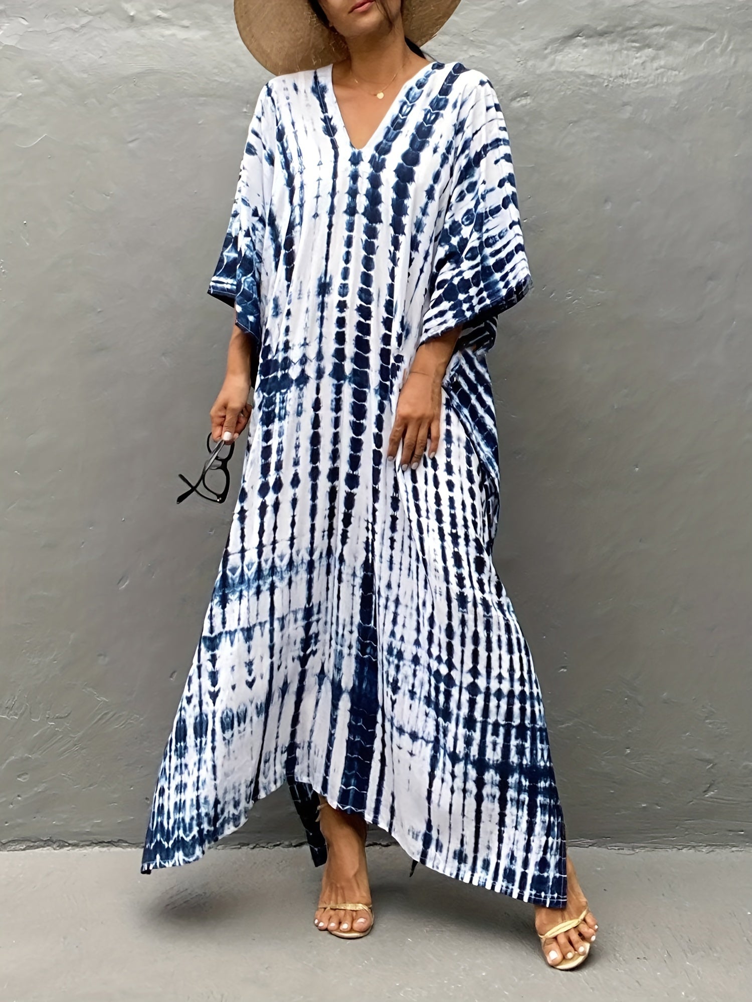  Boho Cover Up Tie Dye Striped Batwing Sleeve V Neck Dress