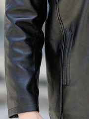 Men's Fleece PU Leather Jacket Button Up Fur Collar Warm Winter Coat