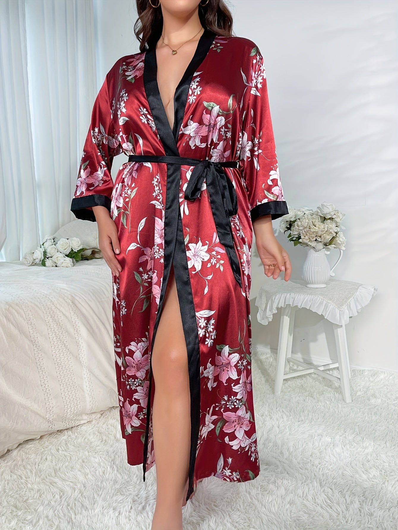  Satin Floral Print Pajama Set with Robe