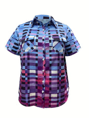  Plaid & Ombre Print Button Up Short Sleeve Blouse