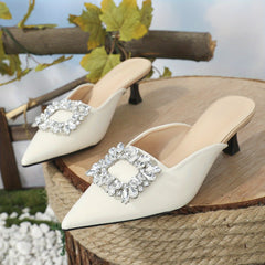 Women's Rhinestone Square Buckle Kitten Heels Slip On Slingback Sandals
