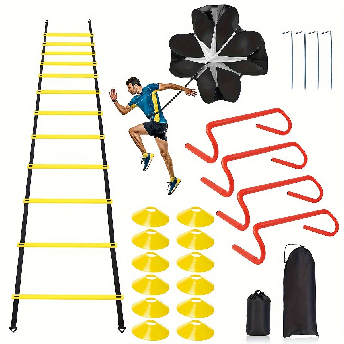 Speed & Agility Training Set - 12 Rung Ladder, Disc Cones, Hurdles