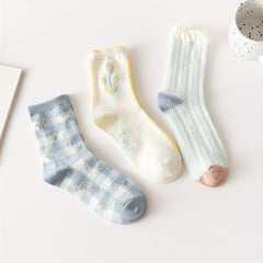 3 Pairs Floral Print Ruffle Socks Mid Tube Women's Stockings