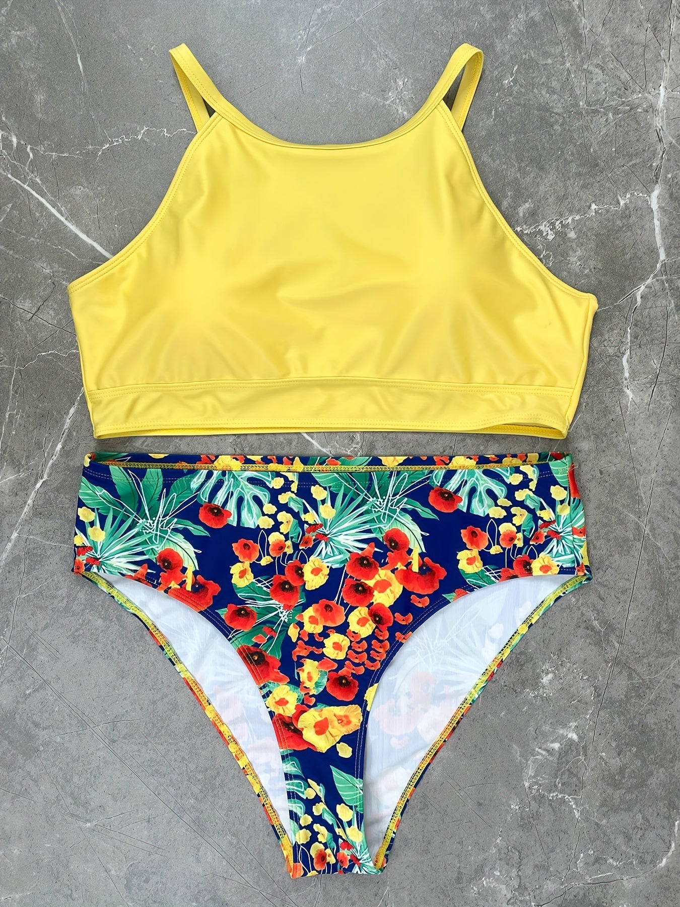  Casual Tankini Set Halter Neck Cami Bra & Floral Print Brief