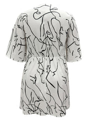  Random Print Half Sleeve V Neck Button Decor Dress