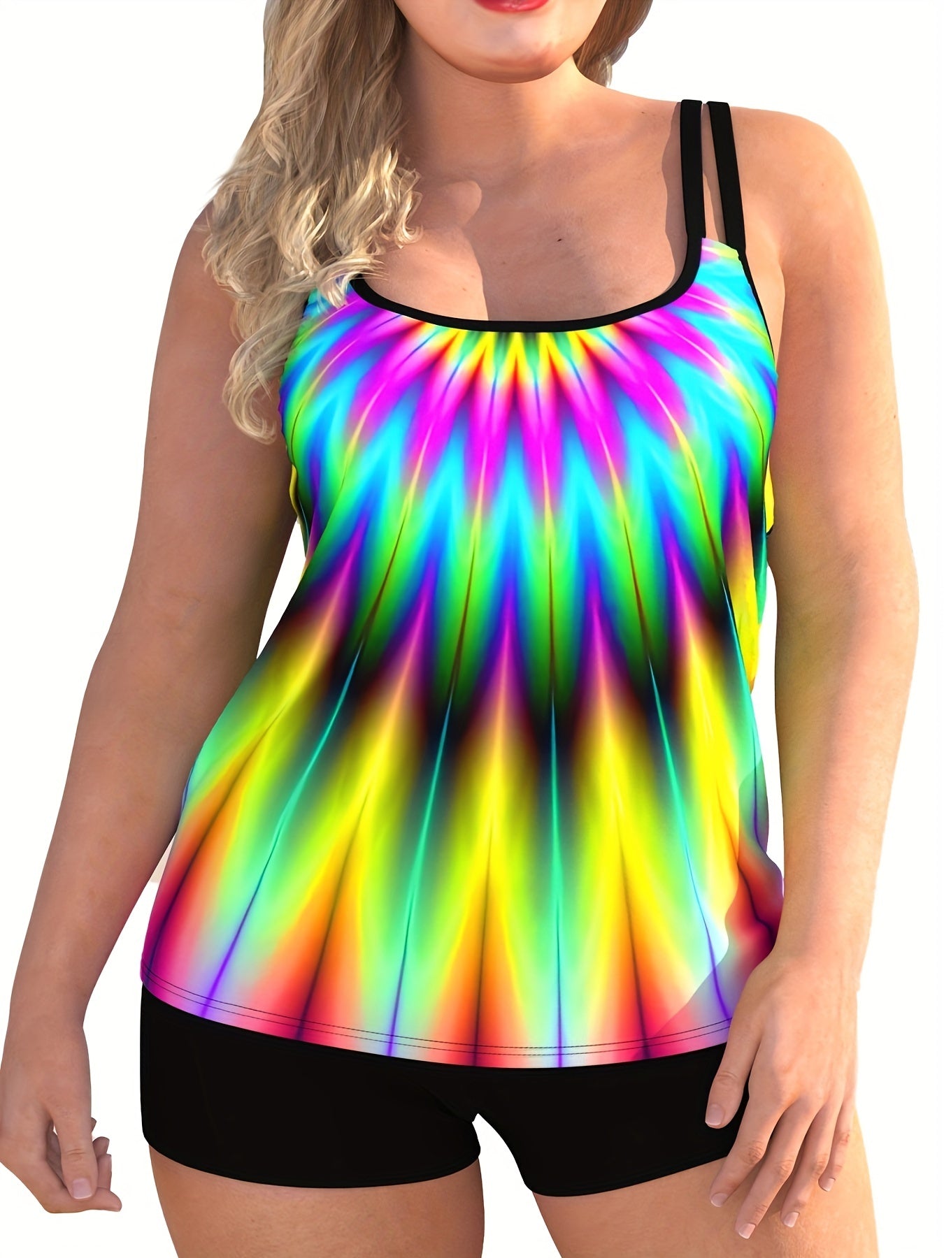  Tie Dye Cami & Biker Shorts Set Women's Plus Stretch Vacation 2pcs