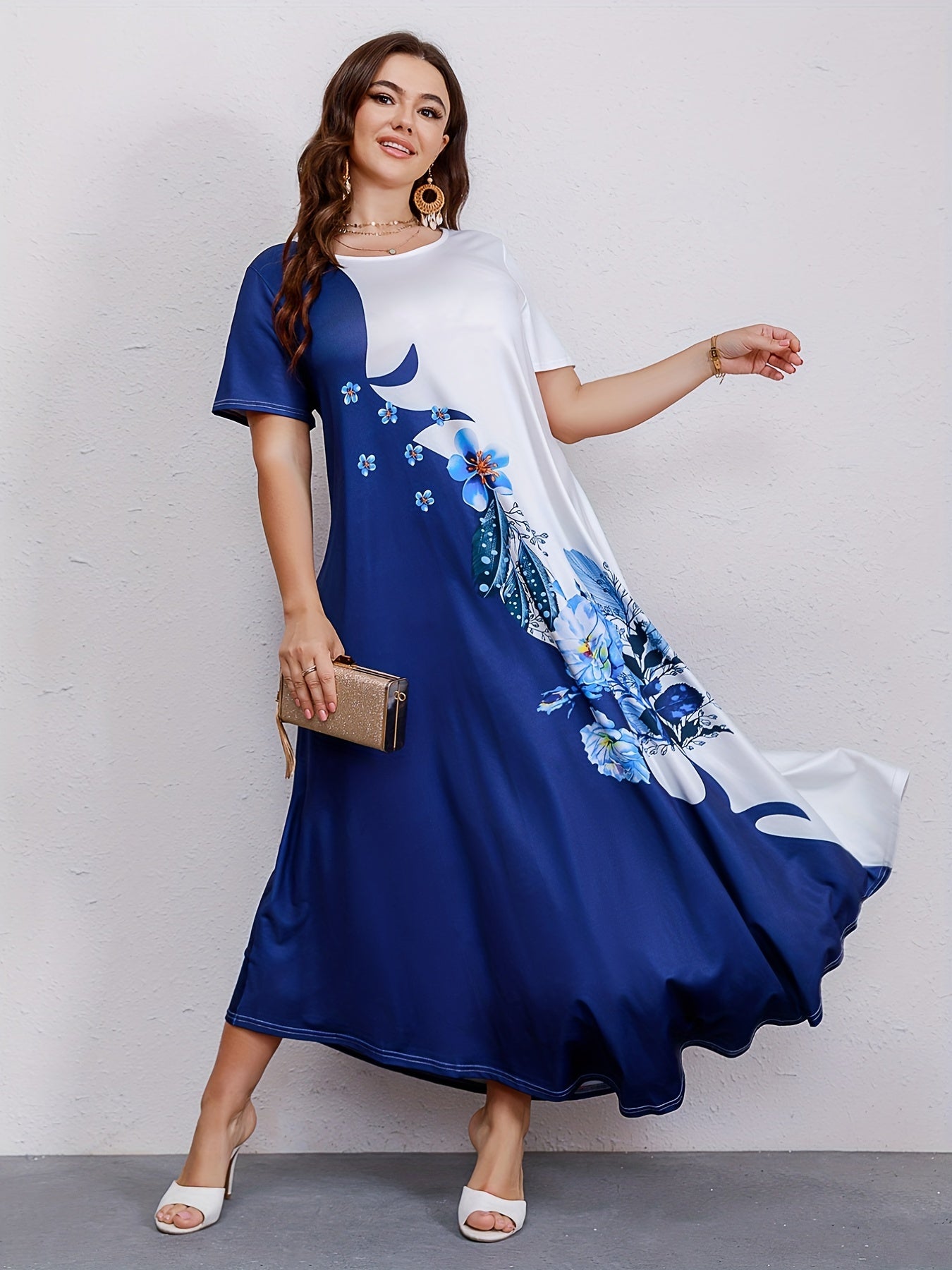  Colorblock Floral Print Maxi Dress