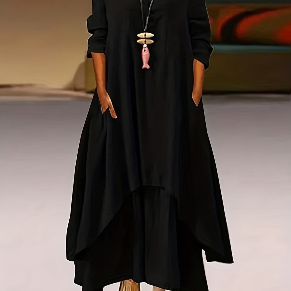  Solid Wavy V Neck Maxi Dress With Pockets