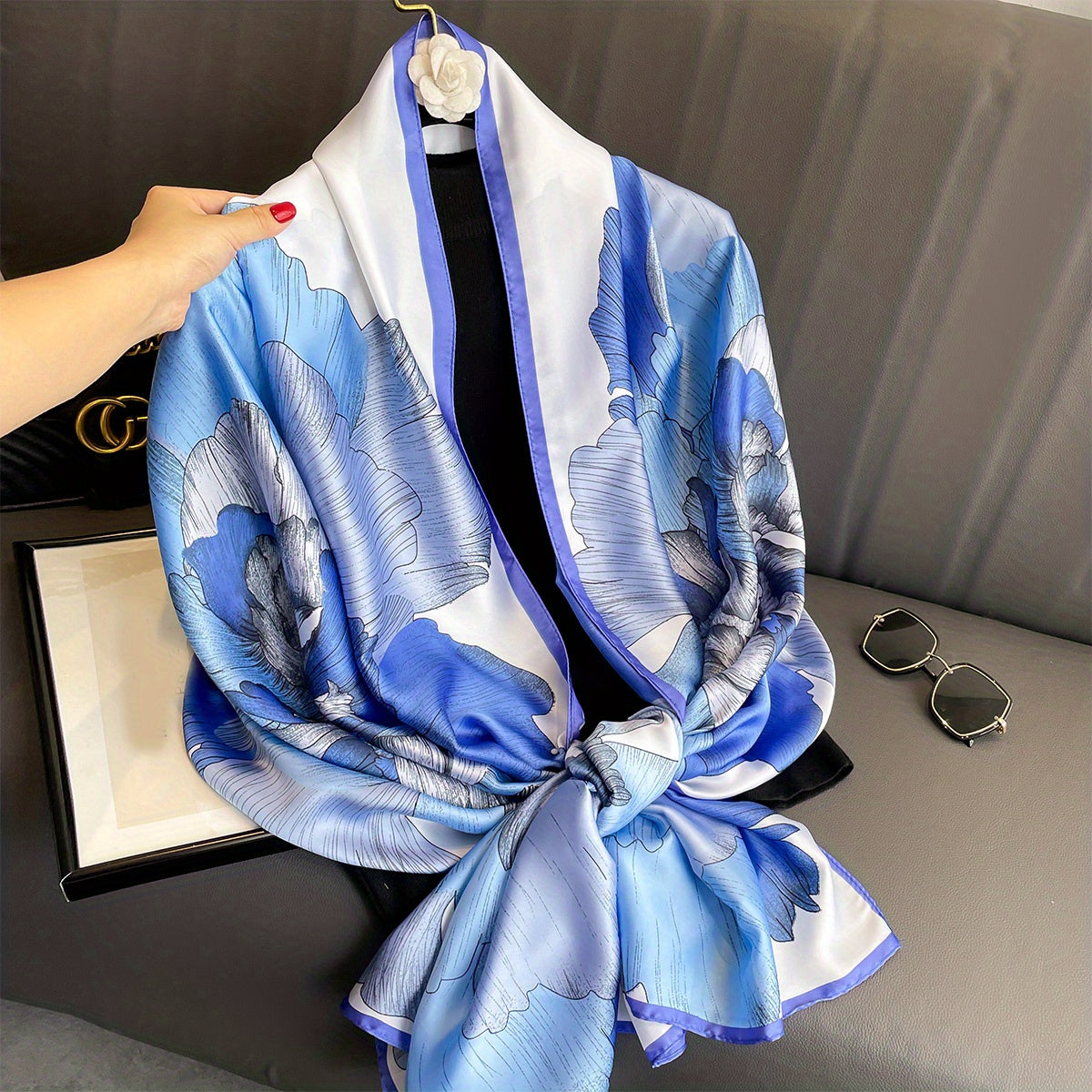 Classic Print Satin Long Scarf Silk Shawl Head Wrap Windproof Travel Beach Towel