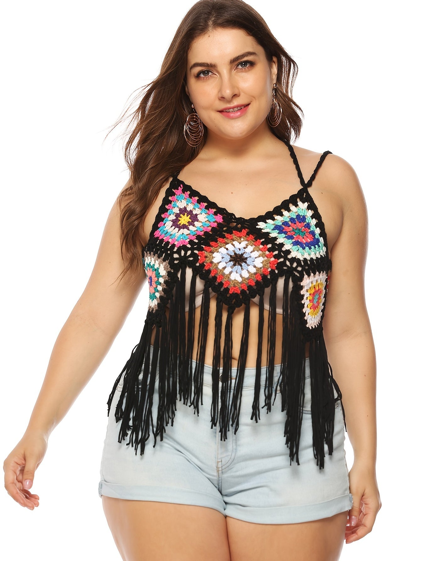  Crochet Bikini Top Fringe Trim Colorblock Swimsuit