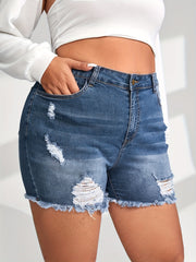  Eye Print Ripped Denim Shorts with Fringe Trim