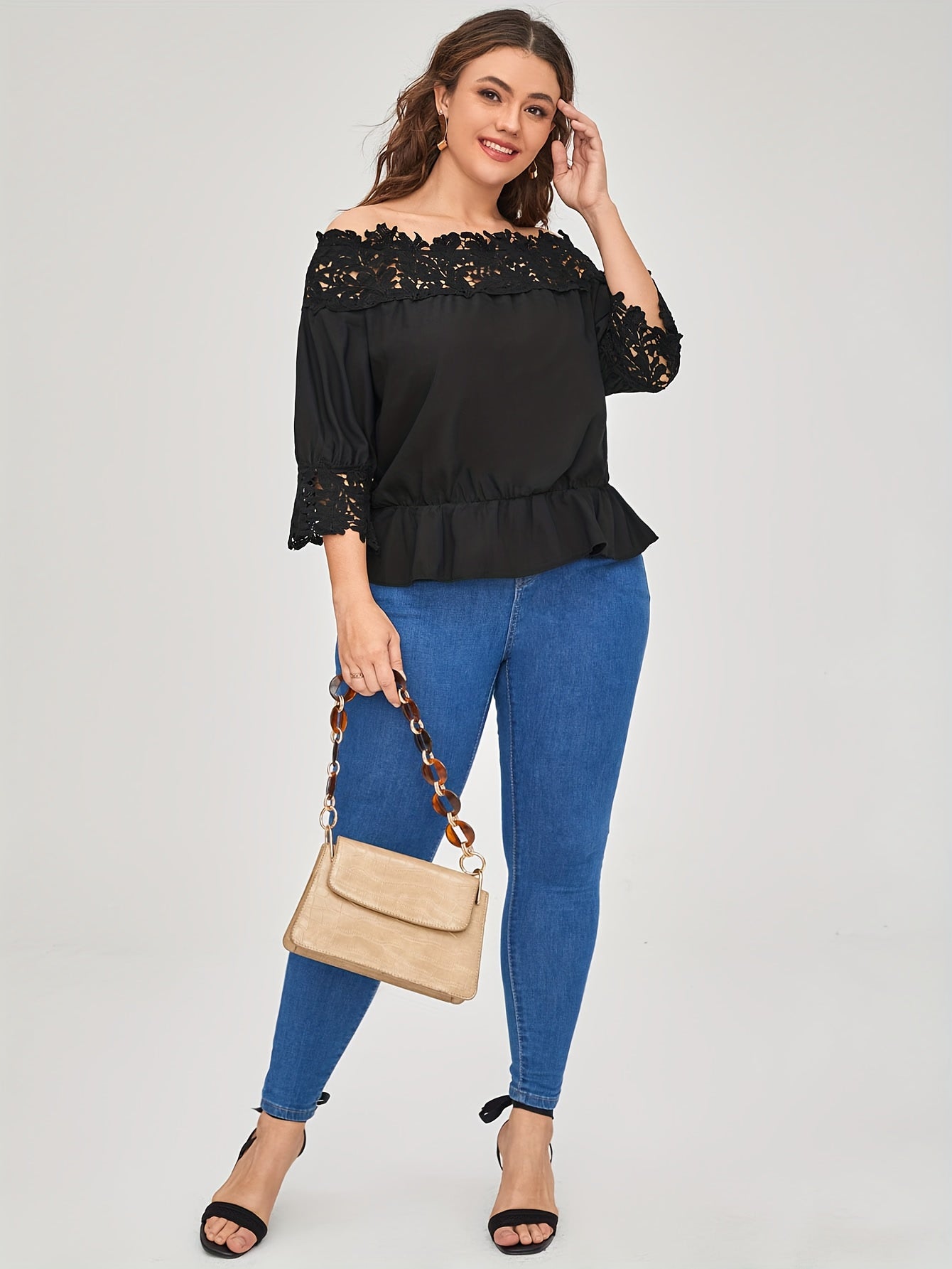  Blouse Women's Plus Contrast Lace Off Shoulder Top
