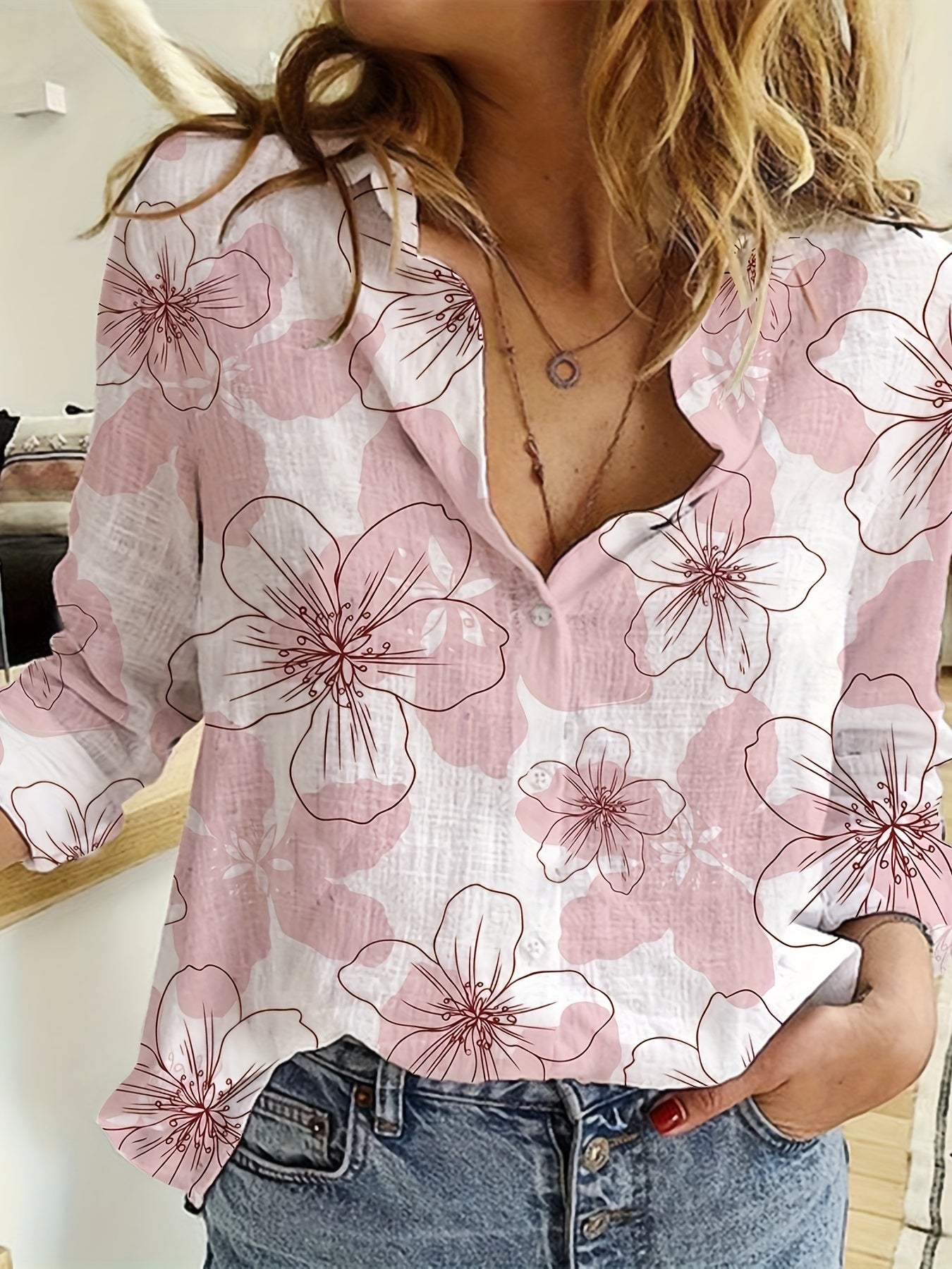  Floral Print Long Sleeve Button Up Shirt Top