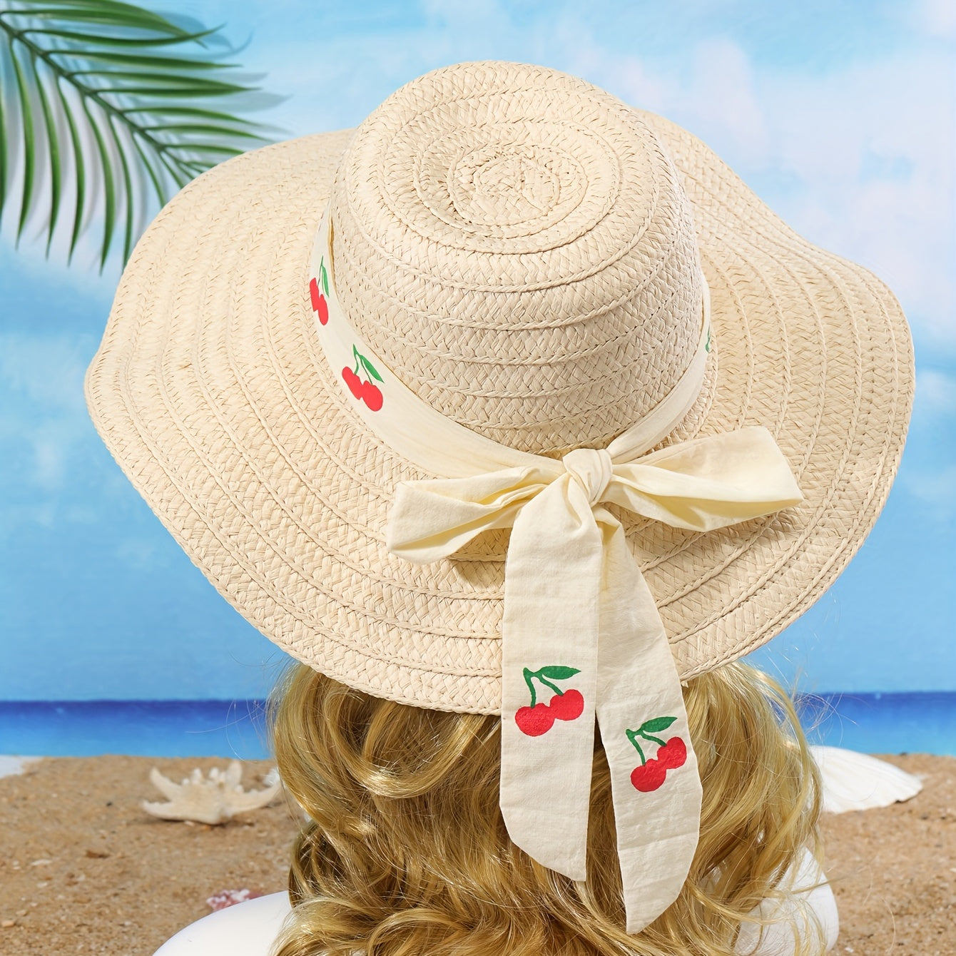 Beige Straw Sun Hat Cherry Print Ribbon Bowknot UV Protection
