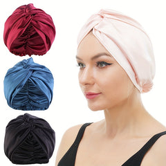 Soft Satin Bonnet Silk Double Layer Turban Night Cap Solid Pre Tied Knotted