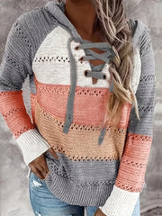  Colorblock Lace Up Hooded Sweater Long Sleeve Pullover Top