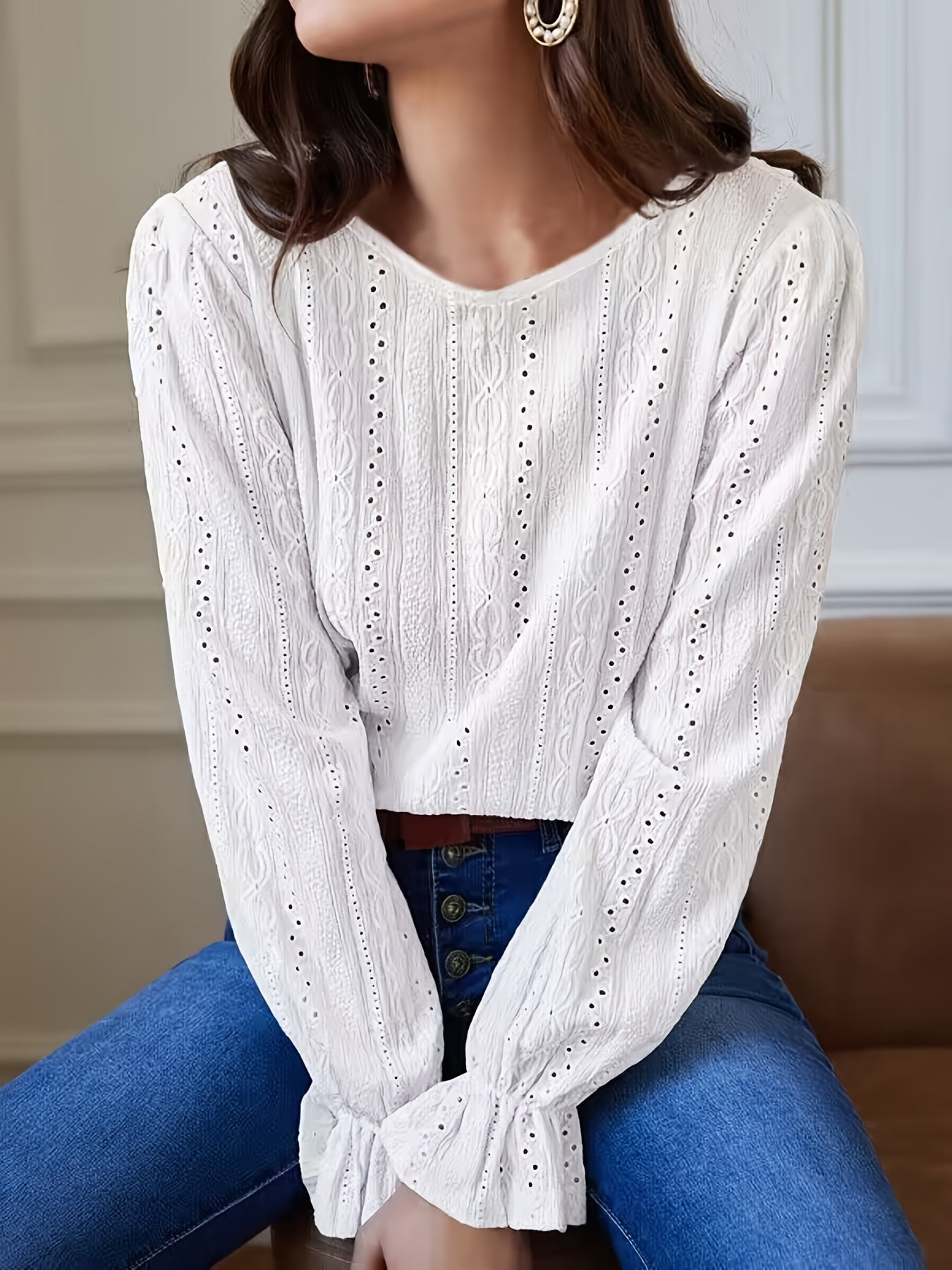  Eyelet Embroidery Sleeve Boat Neck Top