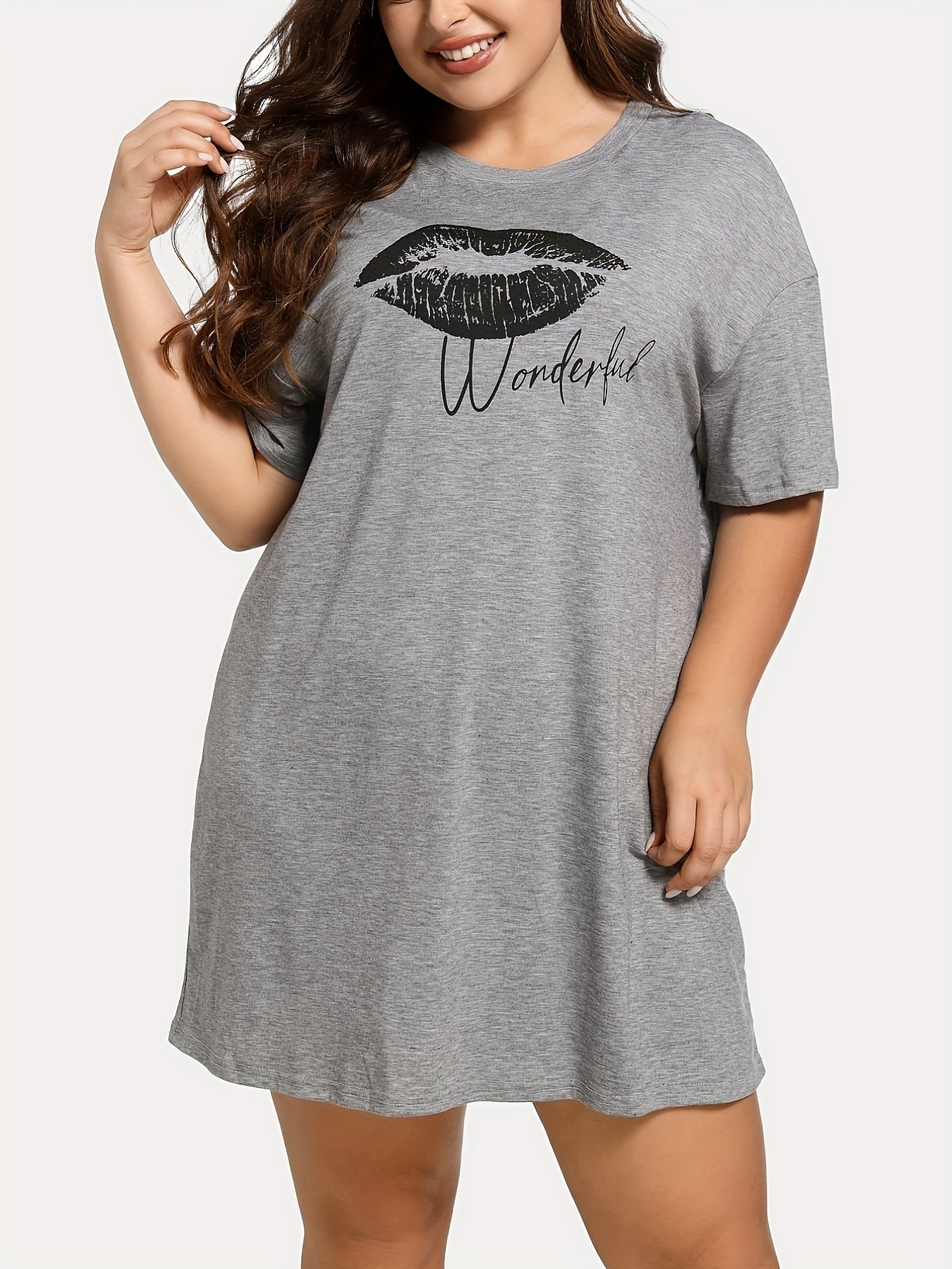  Casual Lounge Dress Women's Plus Kiss & Letter Print Tee Sleep Dress