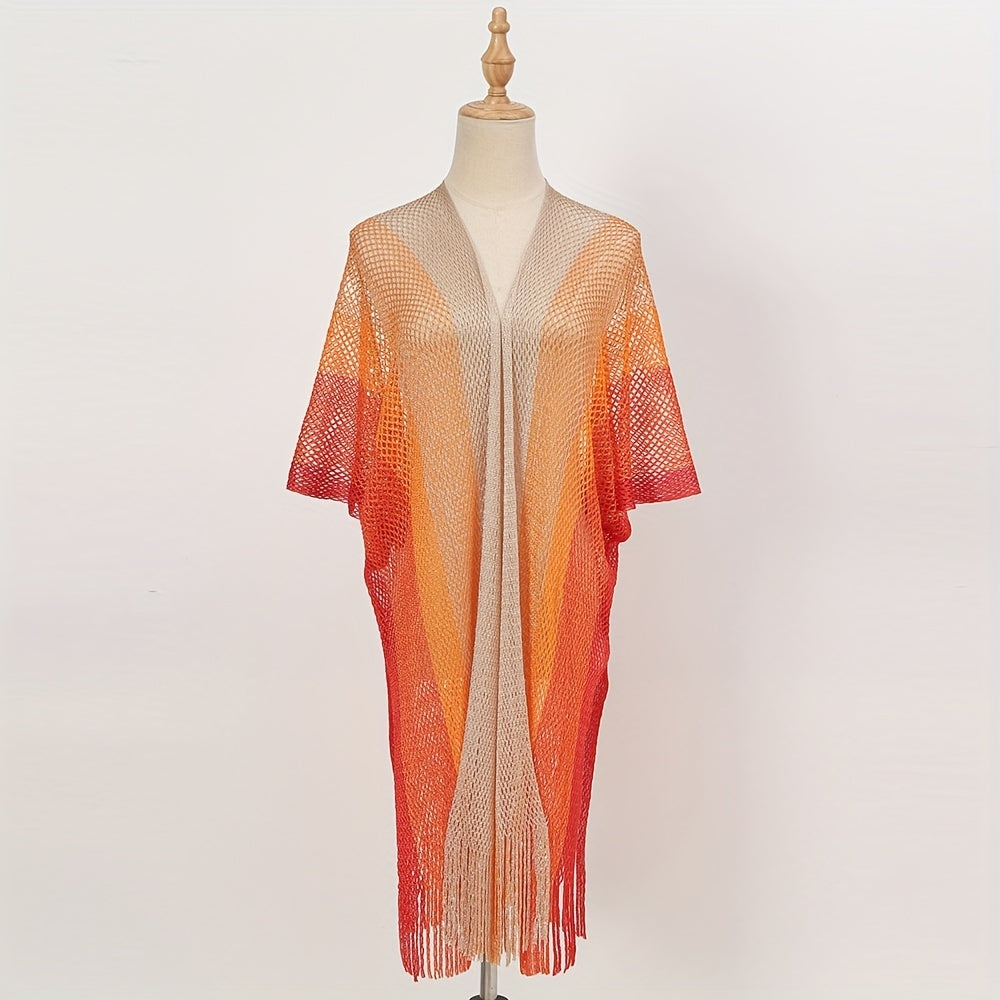 Striped Shawl Cape with Tassel Cover Up