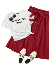Letter Print T-shirt & Button Front Midi Skirt Set