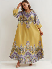  Floral Print Abaya Dress Women's Round Neck Loose Maxi Jalabiya