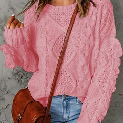  Solid Cable Long Sleeve Sweater with Fringe Trim