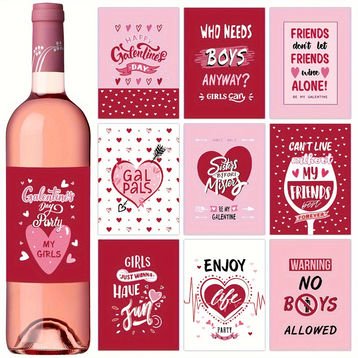 Galentine's & Waterproof Wine Bottle Labels Set of 10 Unique Glittered Stickers
