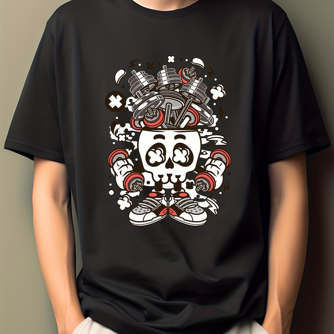 Men's Skull Dumbbell Print Fitness T-shirt
