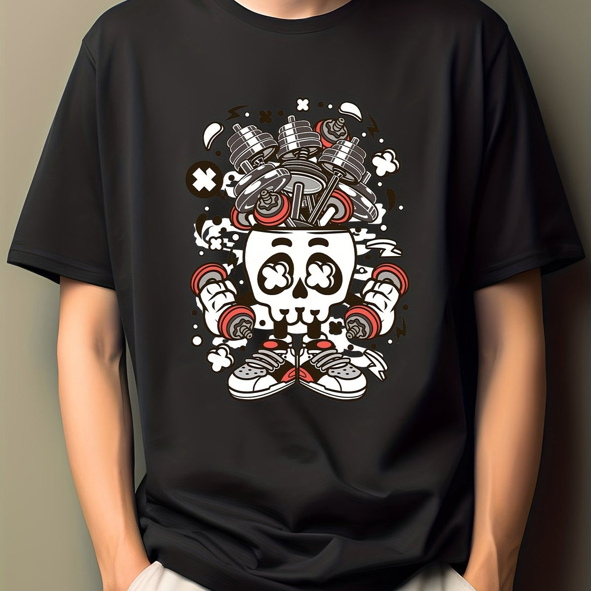 Men's Skull Dumbbell Print Fitness T-shirt