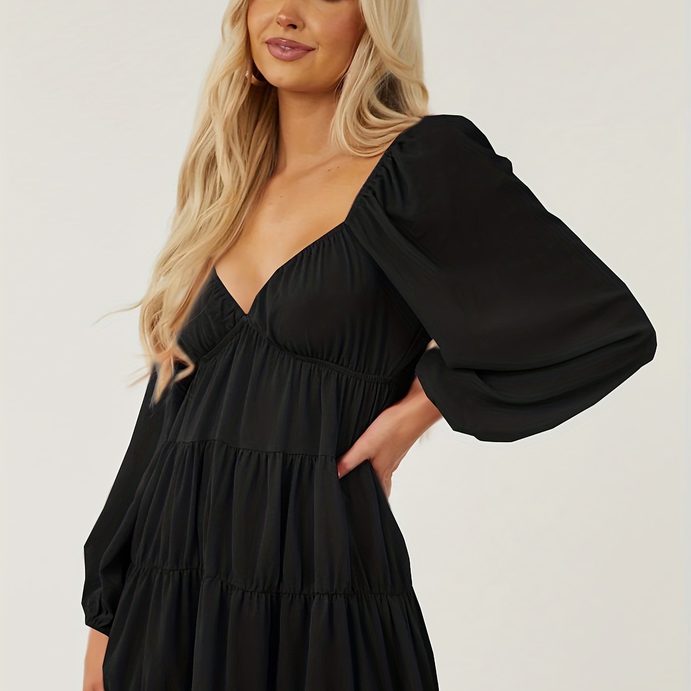  Lantern Sleeve V Neck Smock Pleated Dress