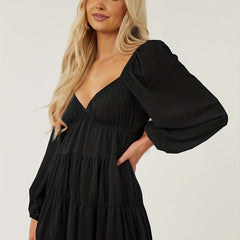  Lantern Sleeve V Neck Smock Pleated Dress