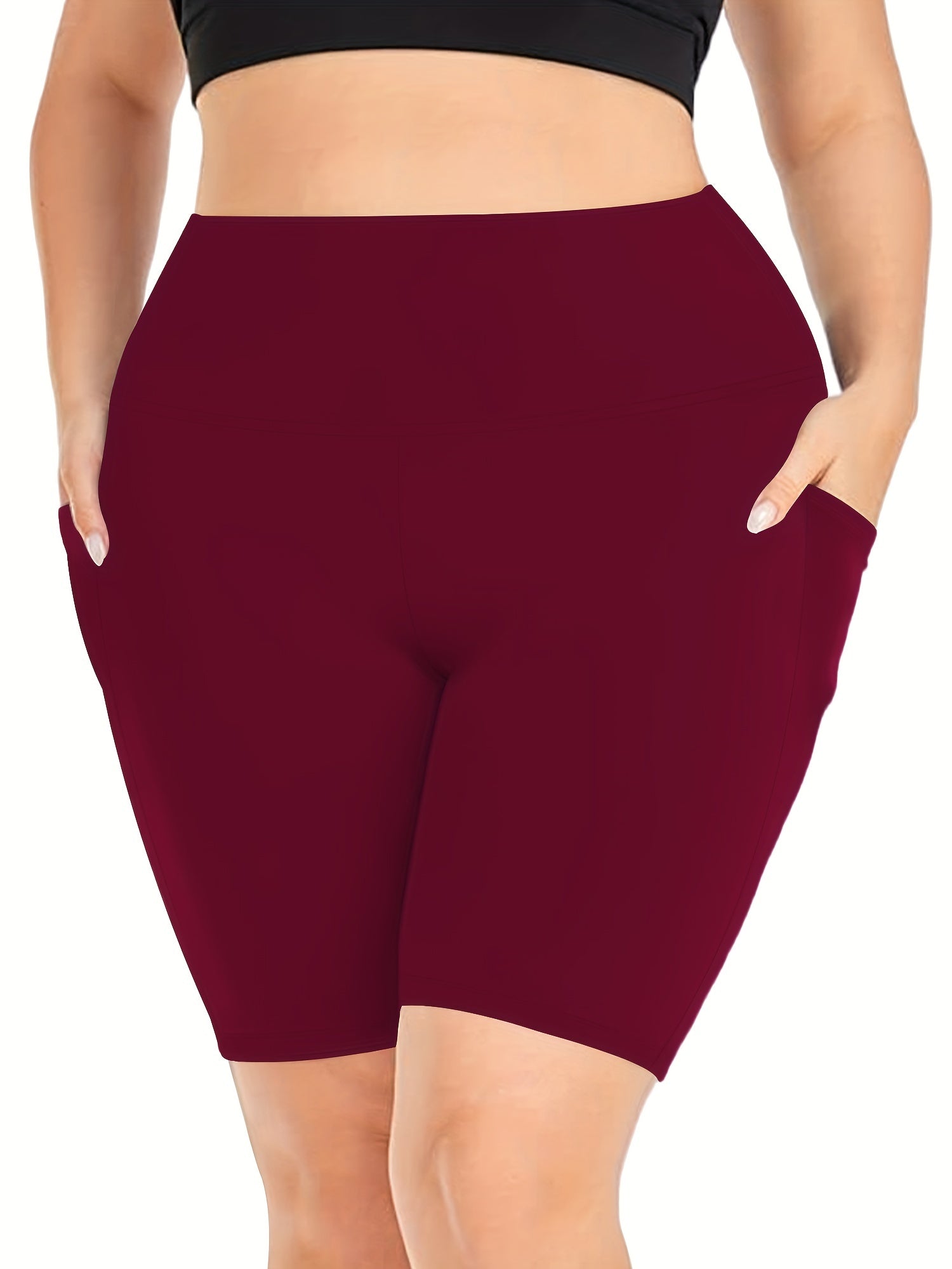Plus Size Sports Shorts Women's Plus Solid High Rise Pockets Side Stretchy Yoga