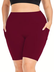 Plus Size Sports Shorts Women's Plus Solid High Rise Pockets Side Stretchy Yoga