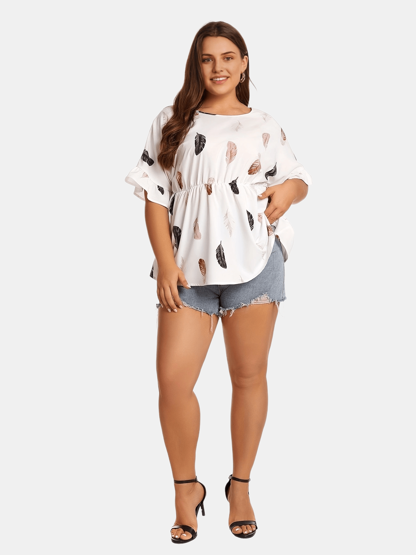  Feather Print Ruffle Trim Criss Cross Short Sleeve Tee