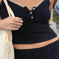  Pin Dot Print Lace Trim Cami Top & Shorts Pajamas Set