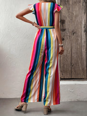 Rainbow Striped Wide Leg Jumpsuit Casual Flutter Sleeve Jumpsuit