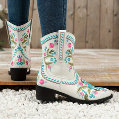 Women's Floral Embroidered Short Boots V Cut Slip On Cowgirl Boots